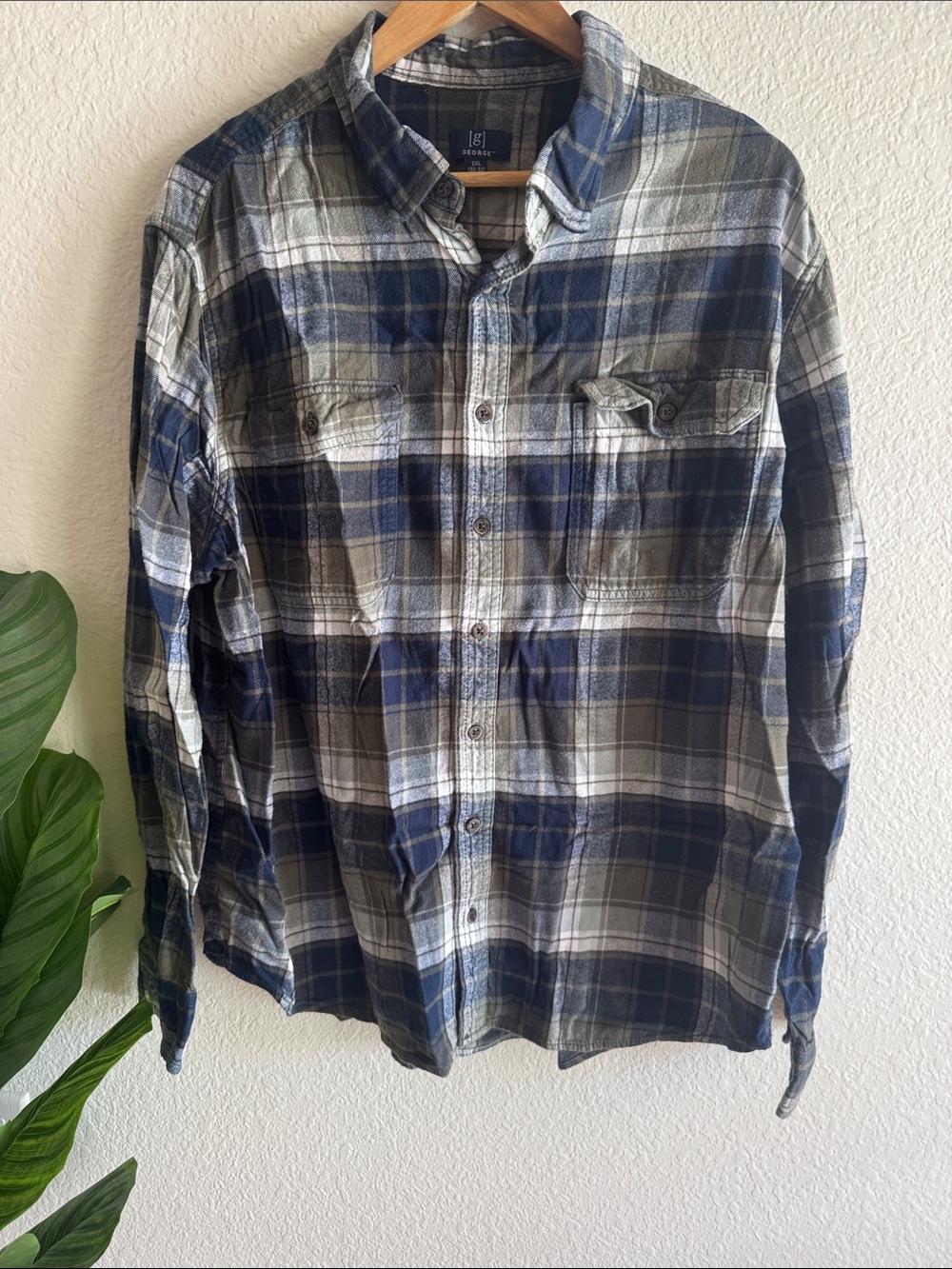 George Blue and Green Plaid Button-Up Shirt